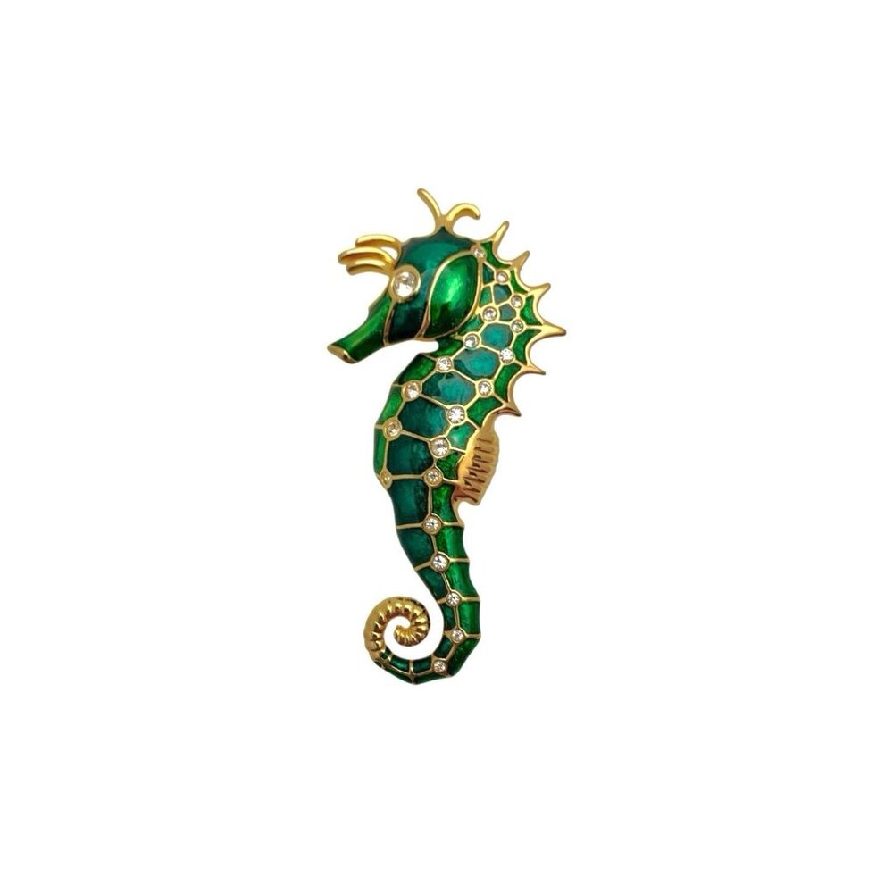 Seahorse Design Brooch Swarovski Crystal Pin Green Enamel Vintage Gift Jewelry